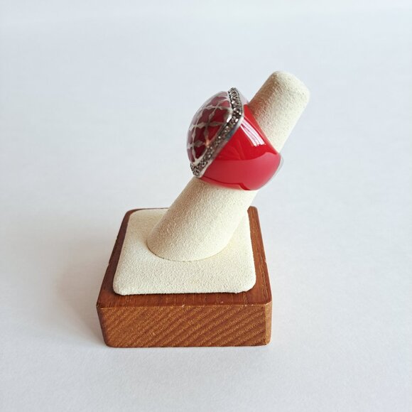 Angelique de Paris 925 Silver Zircon & Resin Red Square Ring Size 6 - Picture 5 of 12